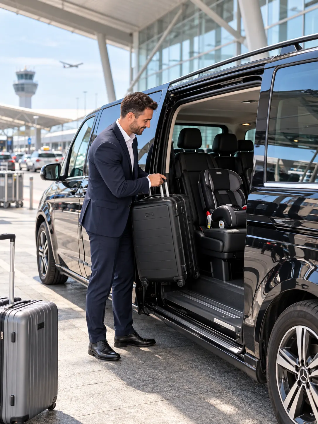 Happy Shuttle Paris driver loading luggage into a private airport transfer van with a child seat