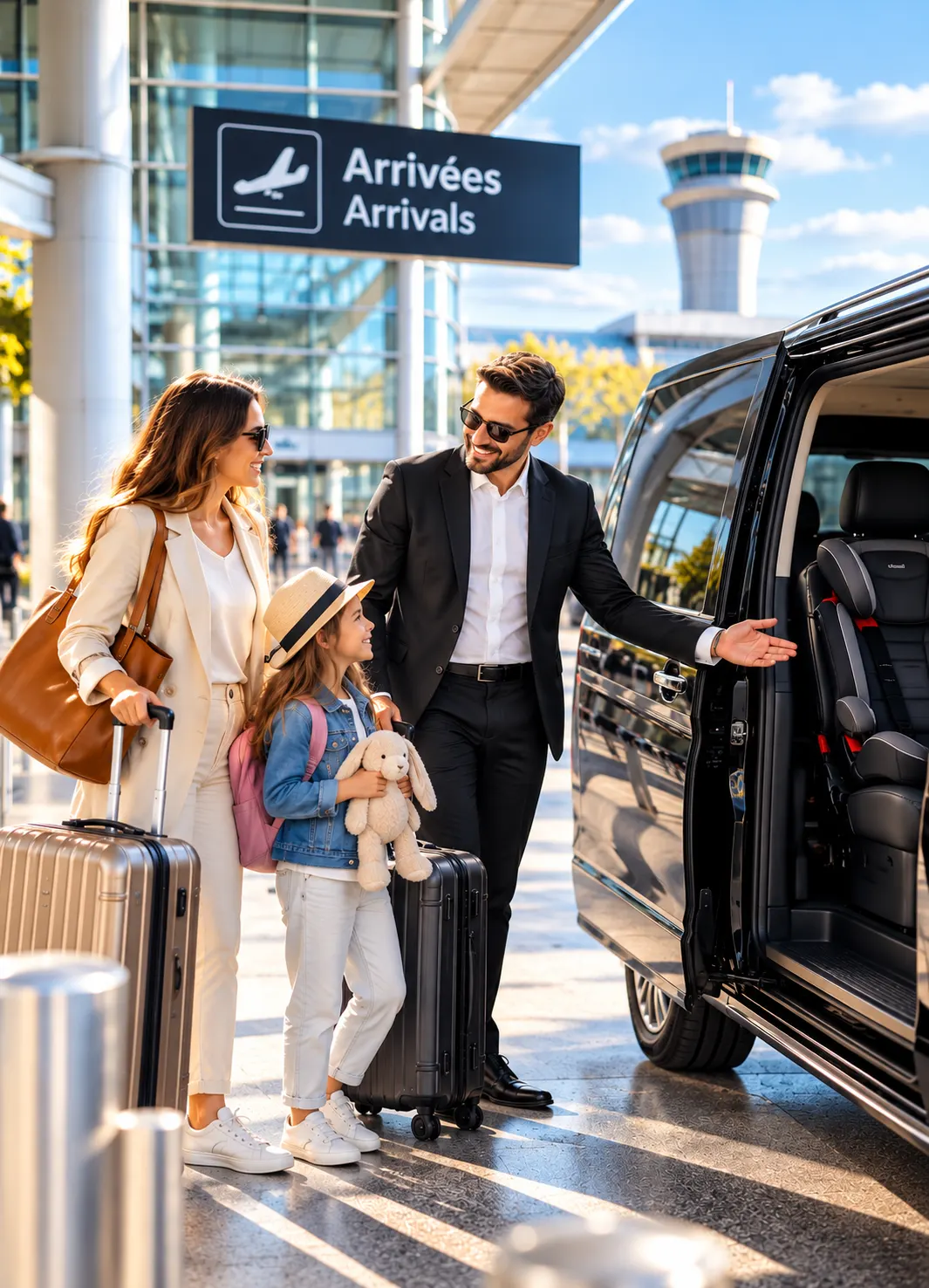 Happy Shuttle Paris driver welcoming a family for a private airport transfer