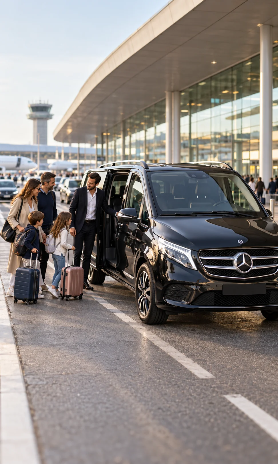 Professional driver welcoming family with children for private Paris transfer service