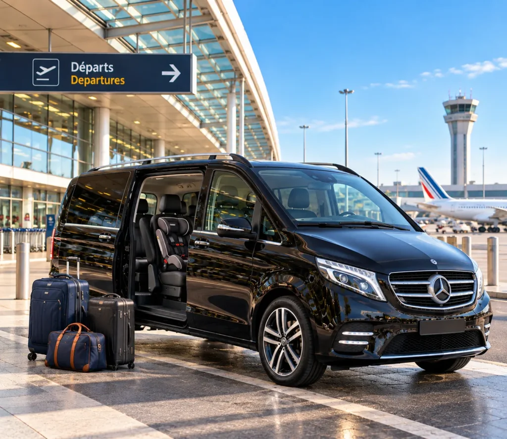 Schwarzer Mercedes Van für privaten Transfer mit Gepäck und Kindersitz