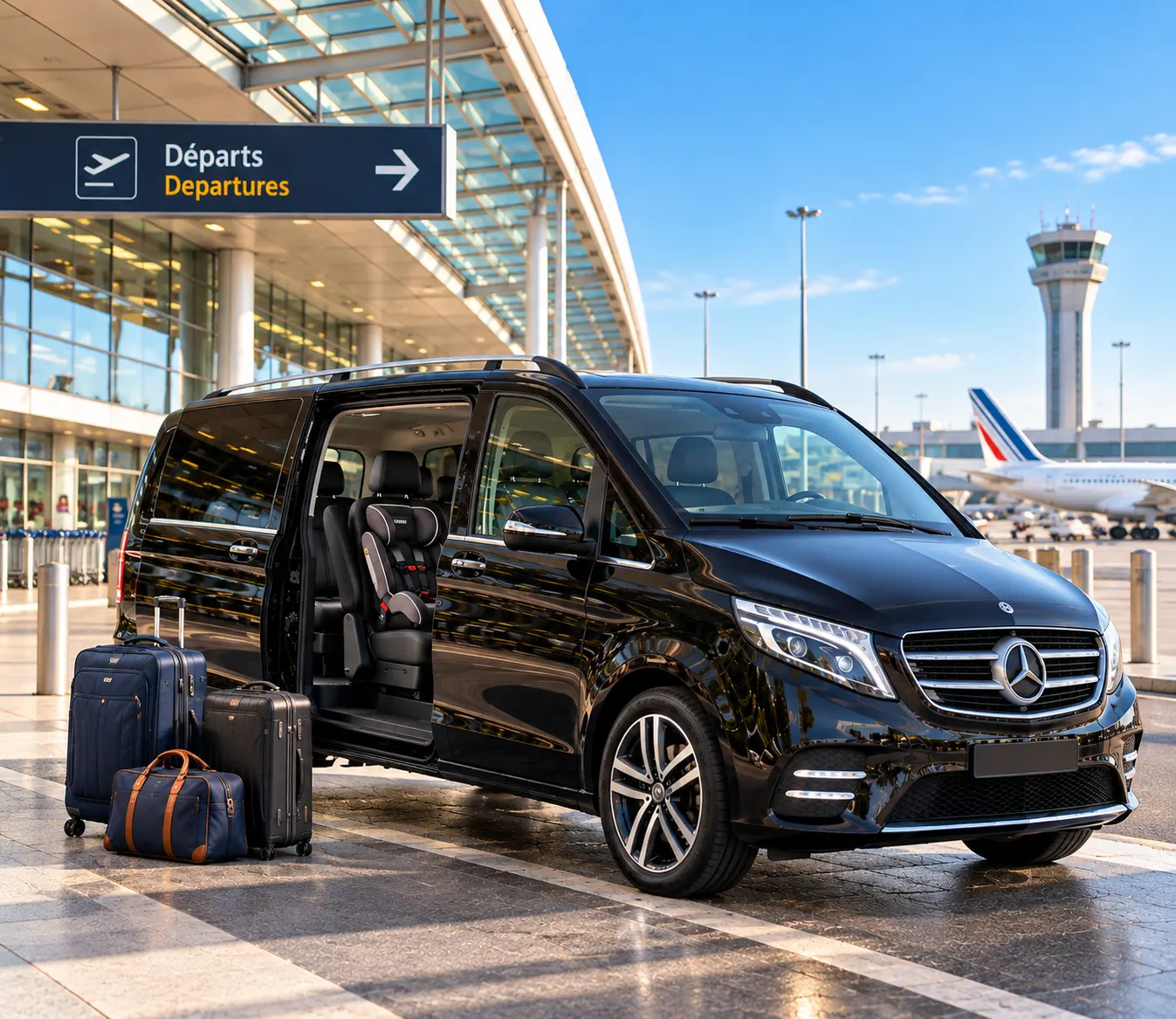Black Mercedes van for private airport transfers with luggage and child seat